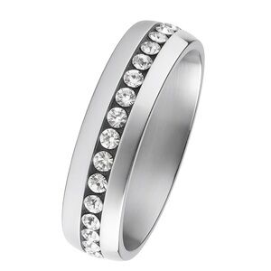 Stainless Steel CZ Channel Band Ring - Clear Stone Inlay Comfort Fit
